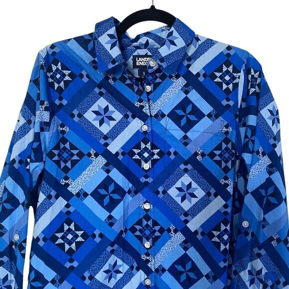 Lands End Blue Quilt Print Long Sleeve Button Down Shirt Size S - Picture 2 of 11